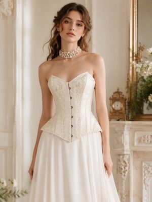 Ivory jacquard strapless corset top with lace-up back