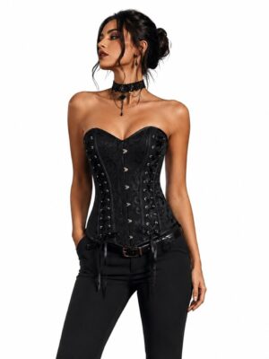 12304 black brocade lace-up strapless corset top image 1