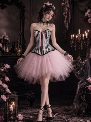 12603+7014 black striped corset and pink tutu costume set image 1