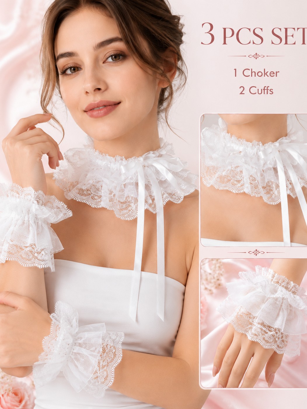 T11 White lace choker and wrist cuffs 3pcs accessory set T11 White lace choker and wrist cuffs 3pcs accessory set