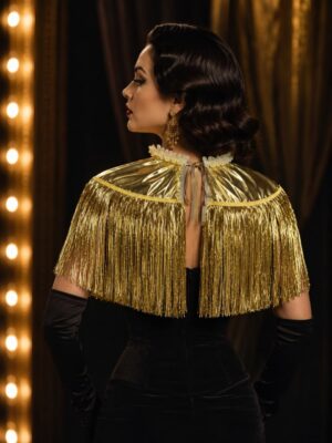 K206 Gold metallic fringe shawl cape – back model K206 Gold metallic fringe shawl cape - back model