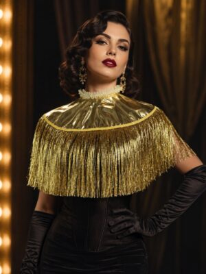 K206 Gold metallic fringe shawl cape - front model