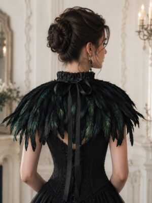 K210 Black gothic feather shoulder cape – back model K210 Black gothic feather shoulder cape - back model