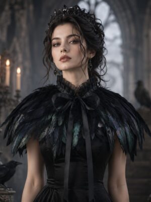 K210 Black gothic feather shoulder cape - front model