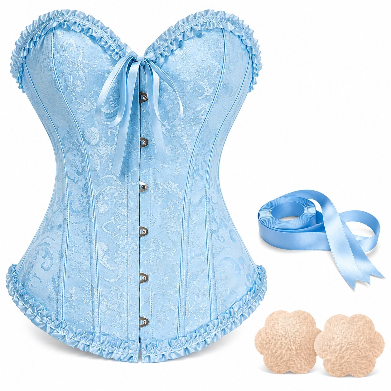 819 Blue corset top with accessories - blue product front with ribbon and covers 819 Blue corset top with accessories - blue product front with ribbon and covers