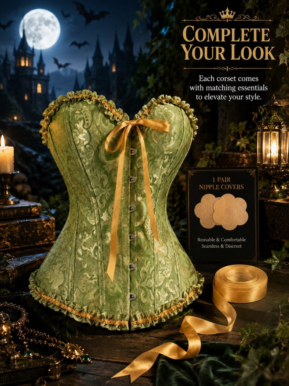 819 Green corset top with accessories - green styled product card 819 Green corset top with accessories - green styled product card