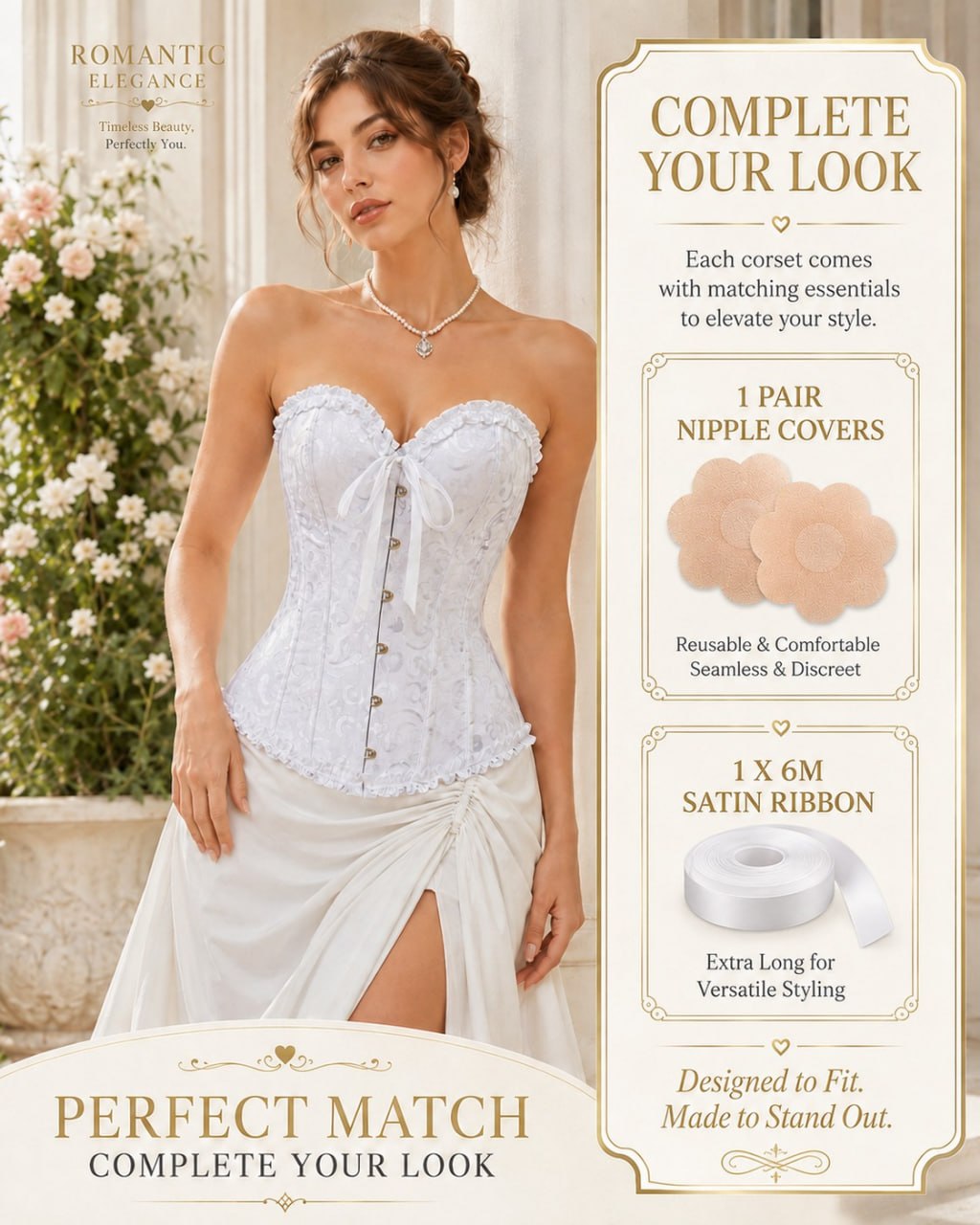819 Ivory corset top with accessories - ivory model front styling 819 Ivory corset top with accessories - ivory model front styling