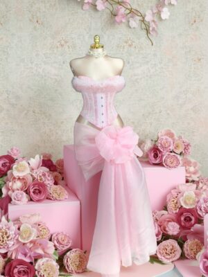 Cloudylee 2618 pink lace corset set 2 2618 pink feather trim lace corset set - full outfit display
