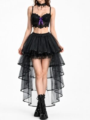 Home 7039 gothic high low layered tulle skirt pink front full-body pink trim cover