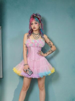 2606+7028 pink ruffle corset and tutu skirt set, styled model view 1