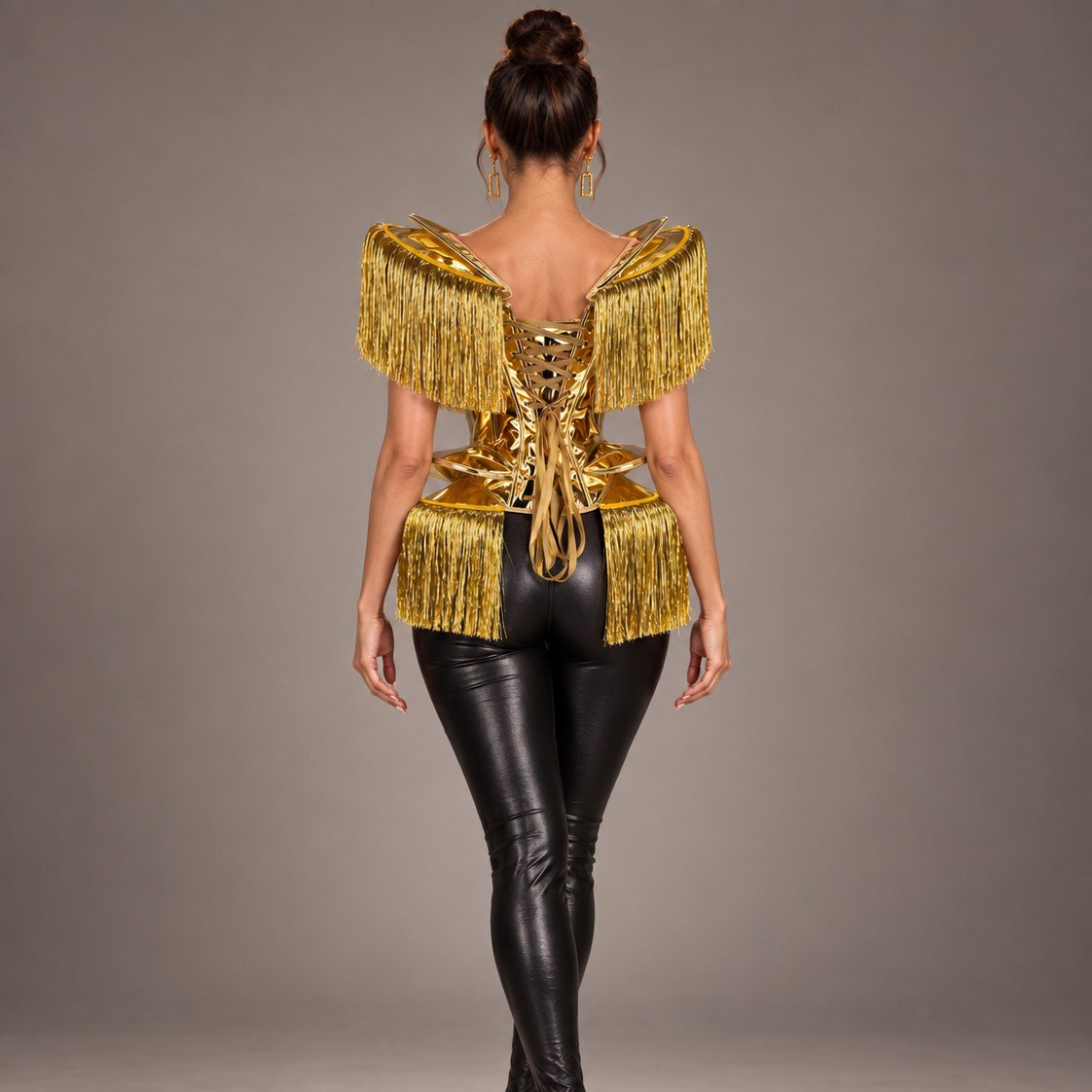 24077 Metallic Fringe Corset - Gold back Style 24077 metallic fringe corset in gold, back