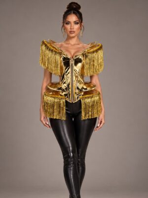 Style 24077 metallic fringe corset in gold, front