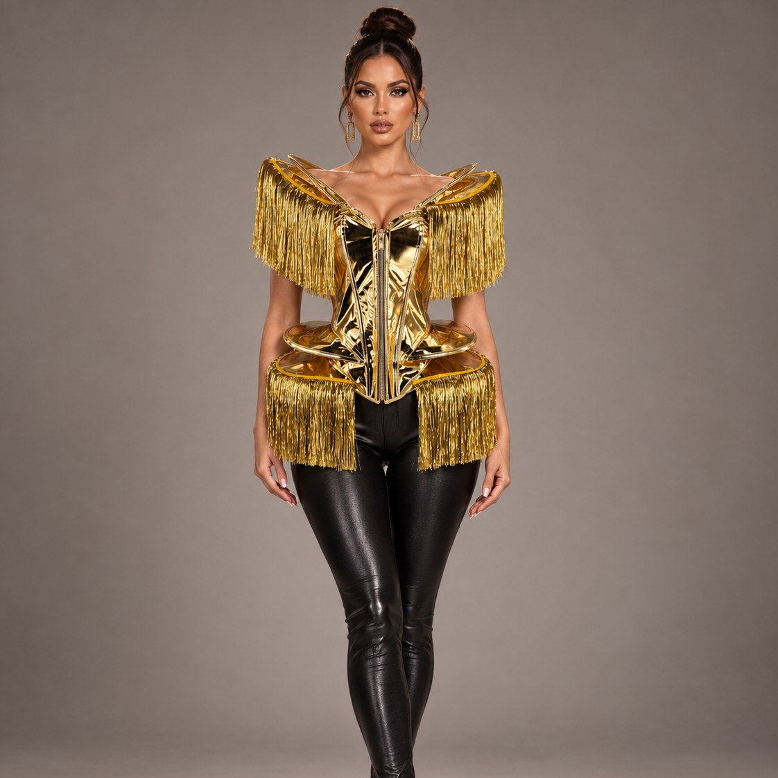 24077 Metallic Fringe Corset - Gold front Style 24077 metallic fringe corset in gold, front