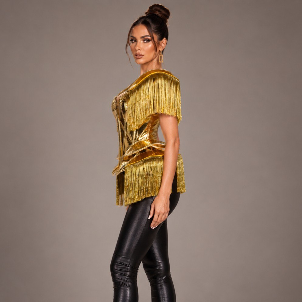 24077 Metallic Fringe Corset - Gold side Style 24077 metallic fringe corset in gold, side