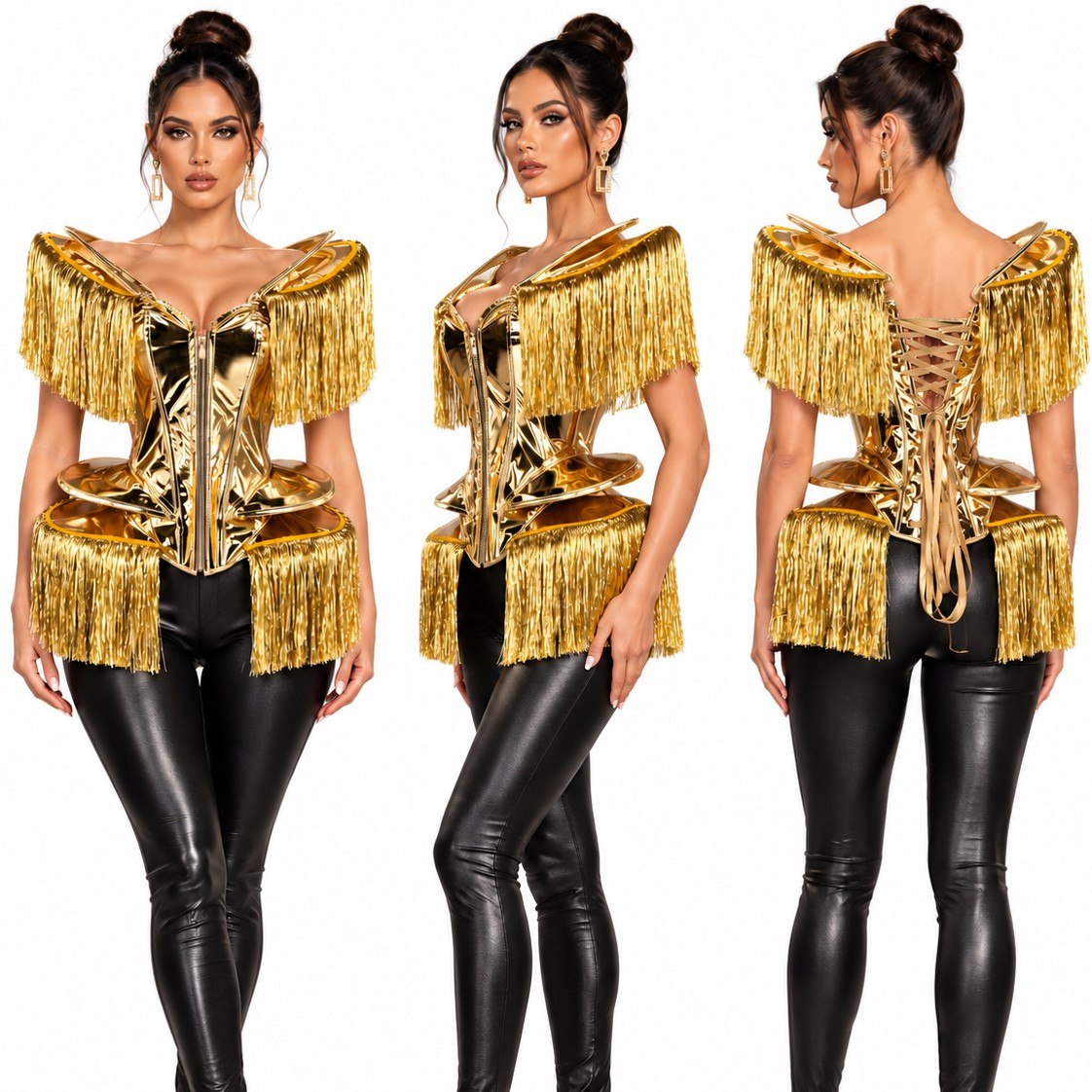 24077 Metallic Fringe Corset - Gold three views Style 24077 metallic fringe corset in gold, three views