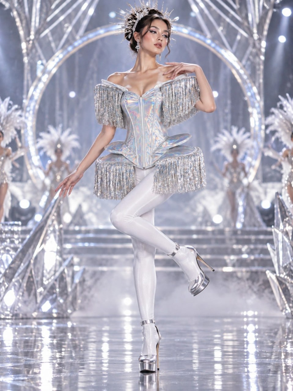 24077 Metallic Fringe Corset - Silver styled front Style 24077 metallic fringe corset in silver, styled front